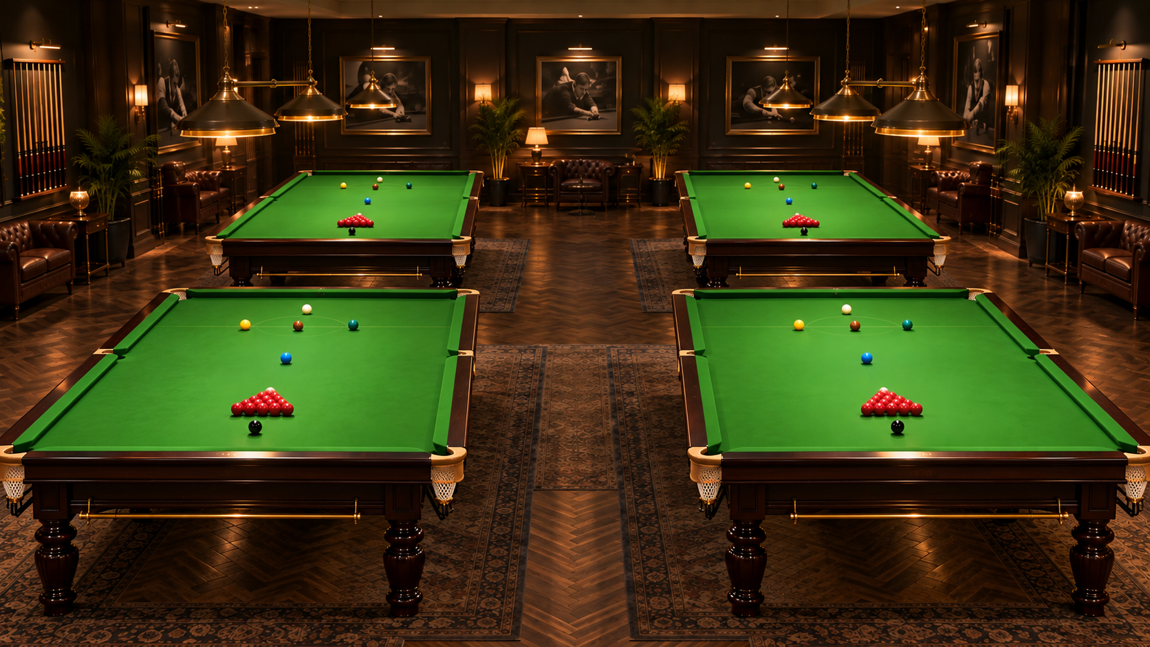 Vier snookertafels naast elkaar